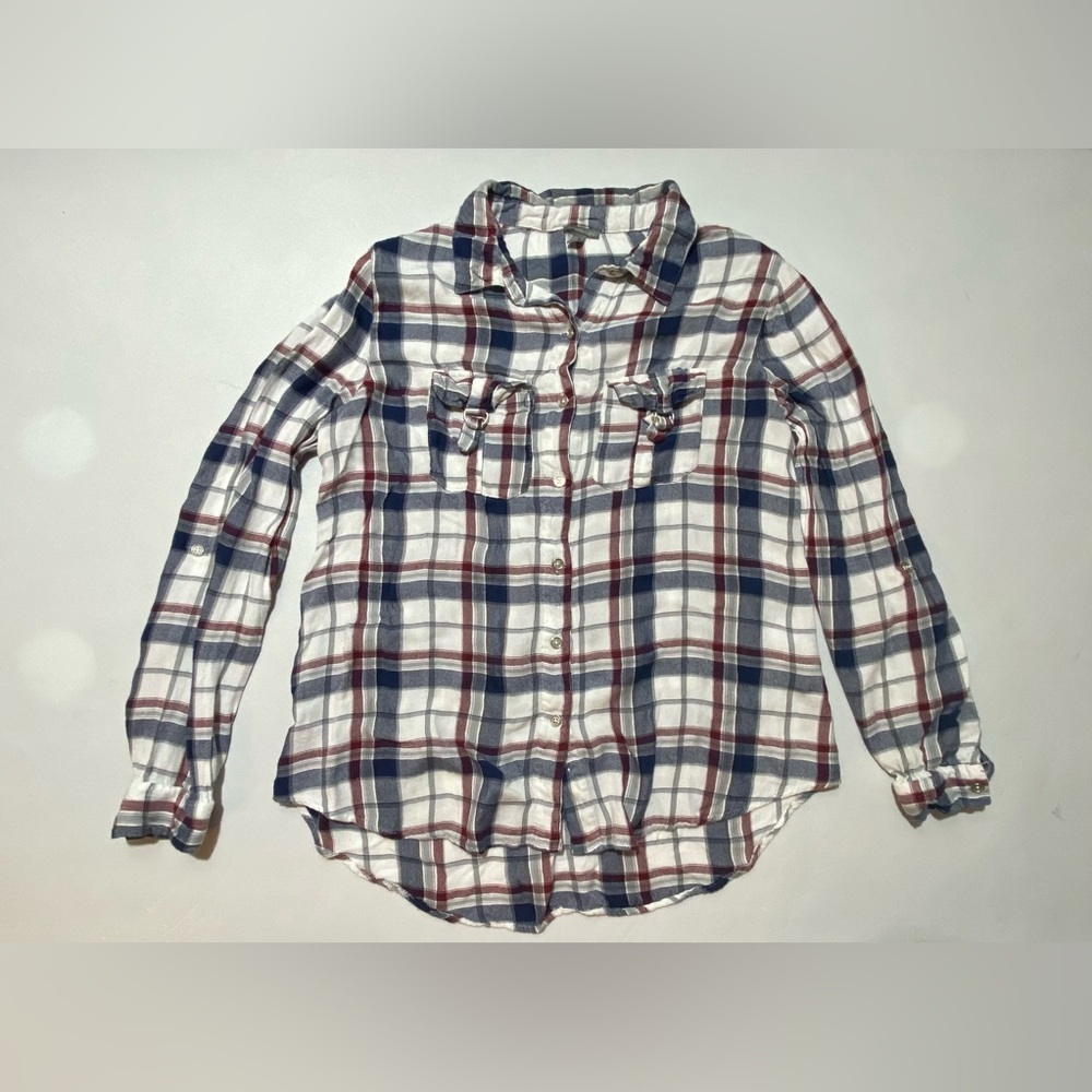 GOOD- Size L Womens Charlotte Russe Shirt Button Front Rayon Top White Plaid
